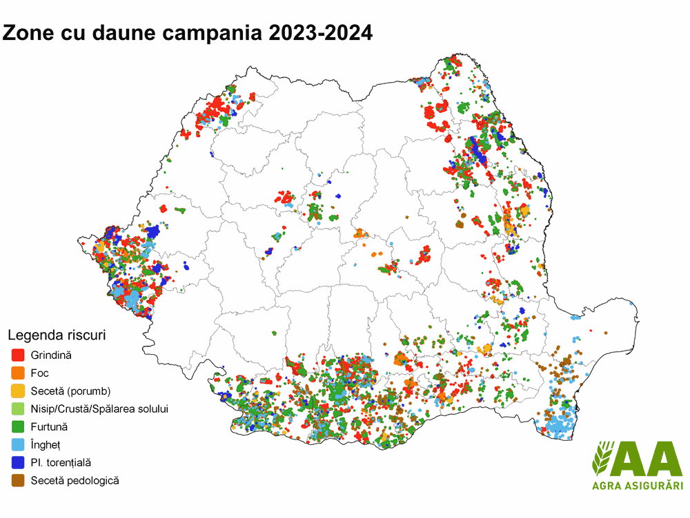 Grafic Agra Asigurari  zone cu daune campania 2023-2024