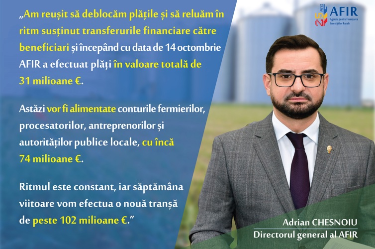 Declarația Directorului general Adrian CHESNOIU privind plățile efectuate de AFIR către beneficiarii FEADR