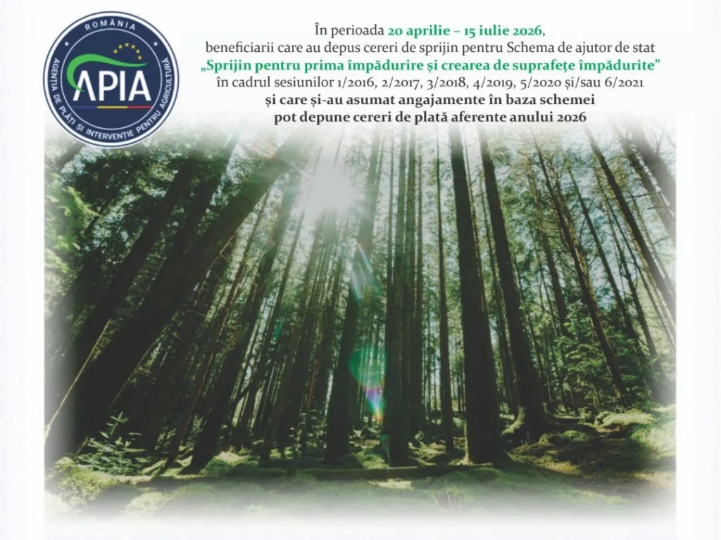 APIA primește Cereri de plată pentru Schema de ajutor de stat „Sprijin pentru prima împădurire și crearea de suprafețe împădurite”