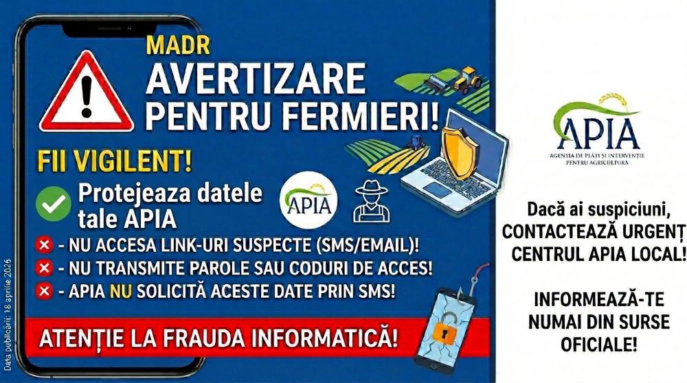 A fost identificată o campanie de mesaje SMS false trimise către o parte de fermieri, beneficiari al plăților APIA
