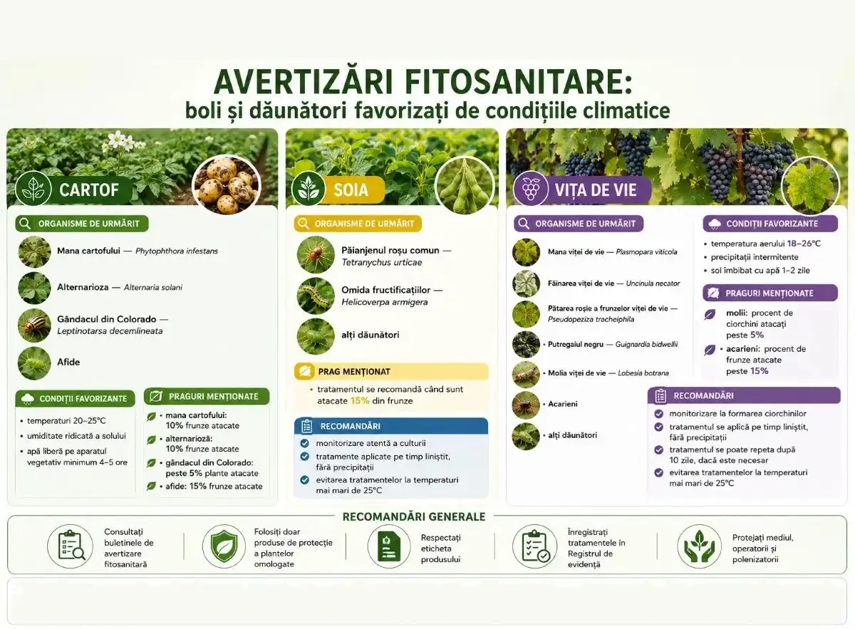 Informare fitosanitară: condițiile climatice pot favoriza apariția unor boli și dăunători la culturile agricole